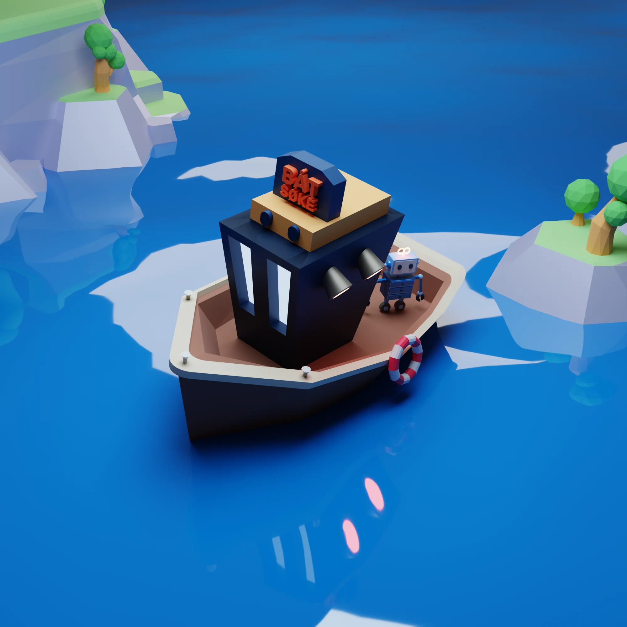 A low-poly 3D scene of a small boat on blue water, the 1881 search character standing on deck and a B&aring;t S&oslash;ke sign on the wheelhouse, with tree-topped islands behind