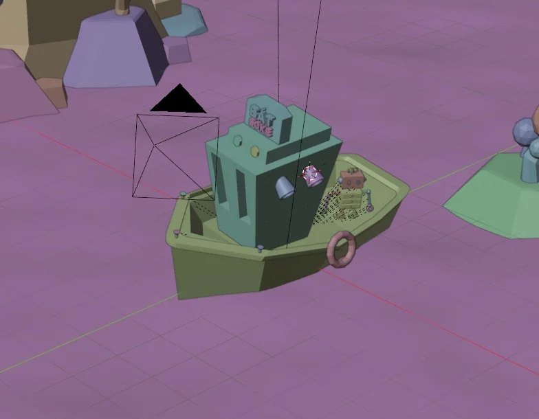 The Blender viewport showing the boat scene in wireframe, with the mesh edges, the camera object and the light gizmo visible over the untextured model