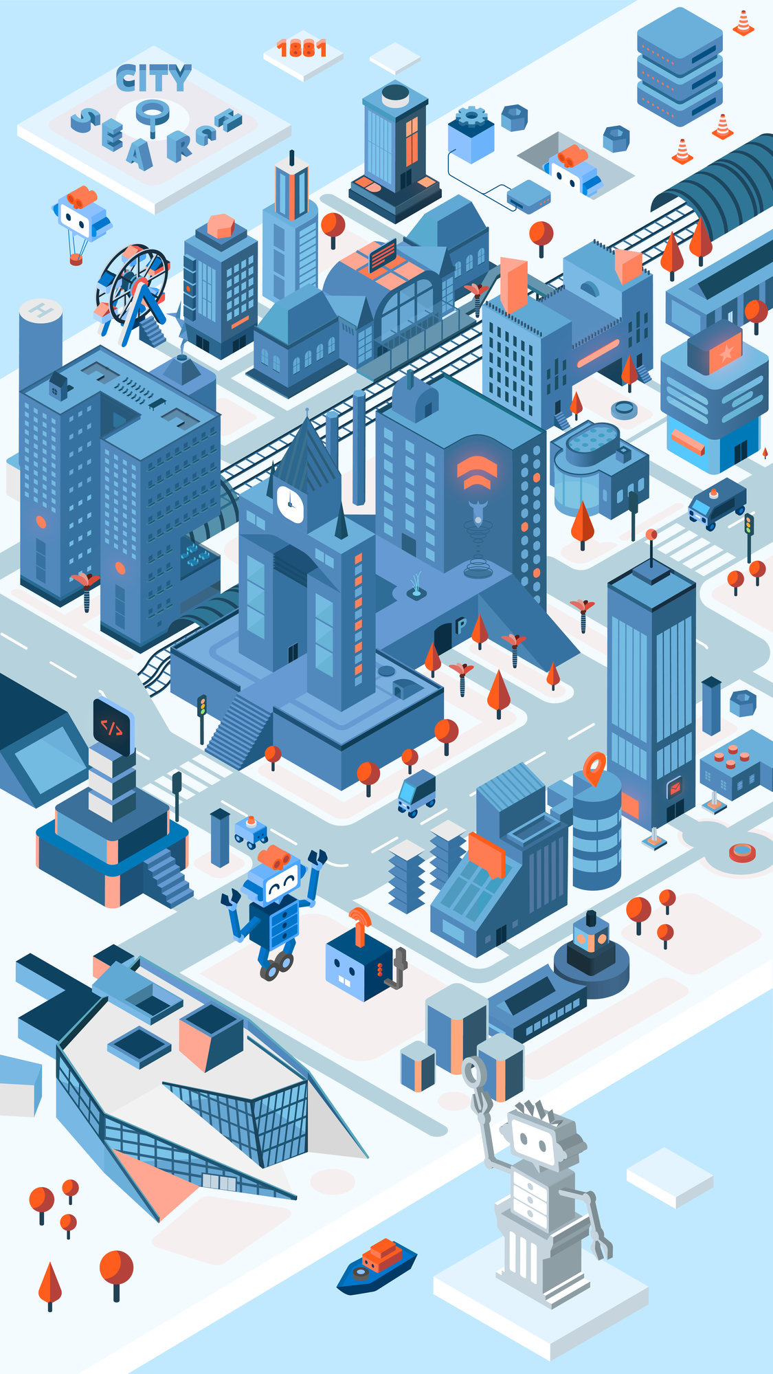 The character placed inside an isometric City Search illustration for 1881