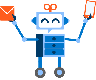The character holding an envelope and a phone