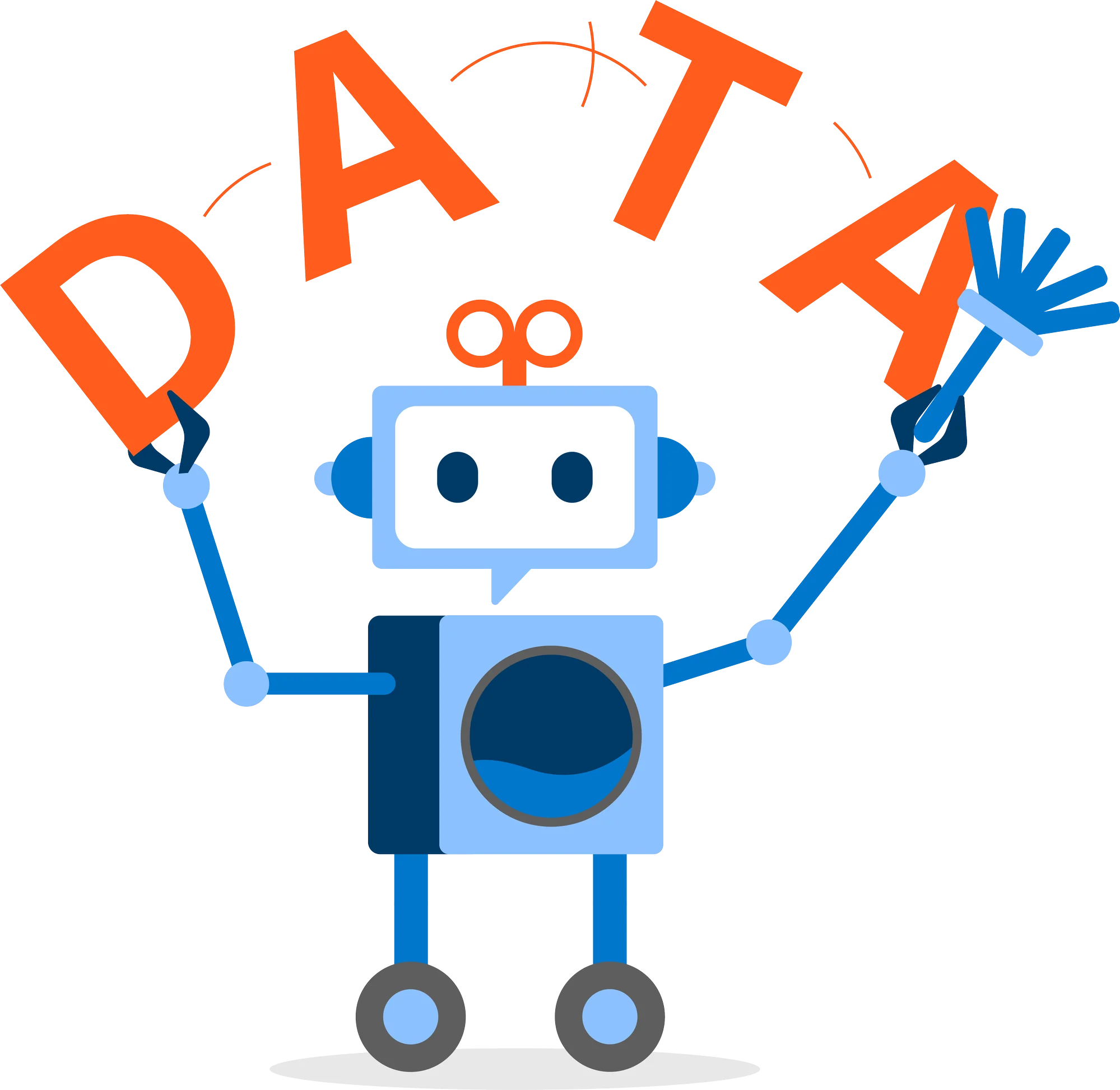 The character holding up letters spelling DATA