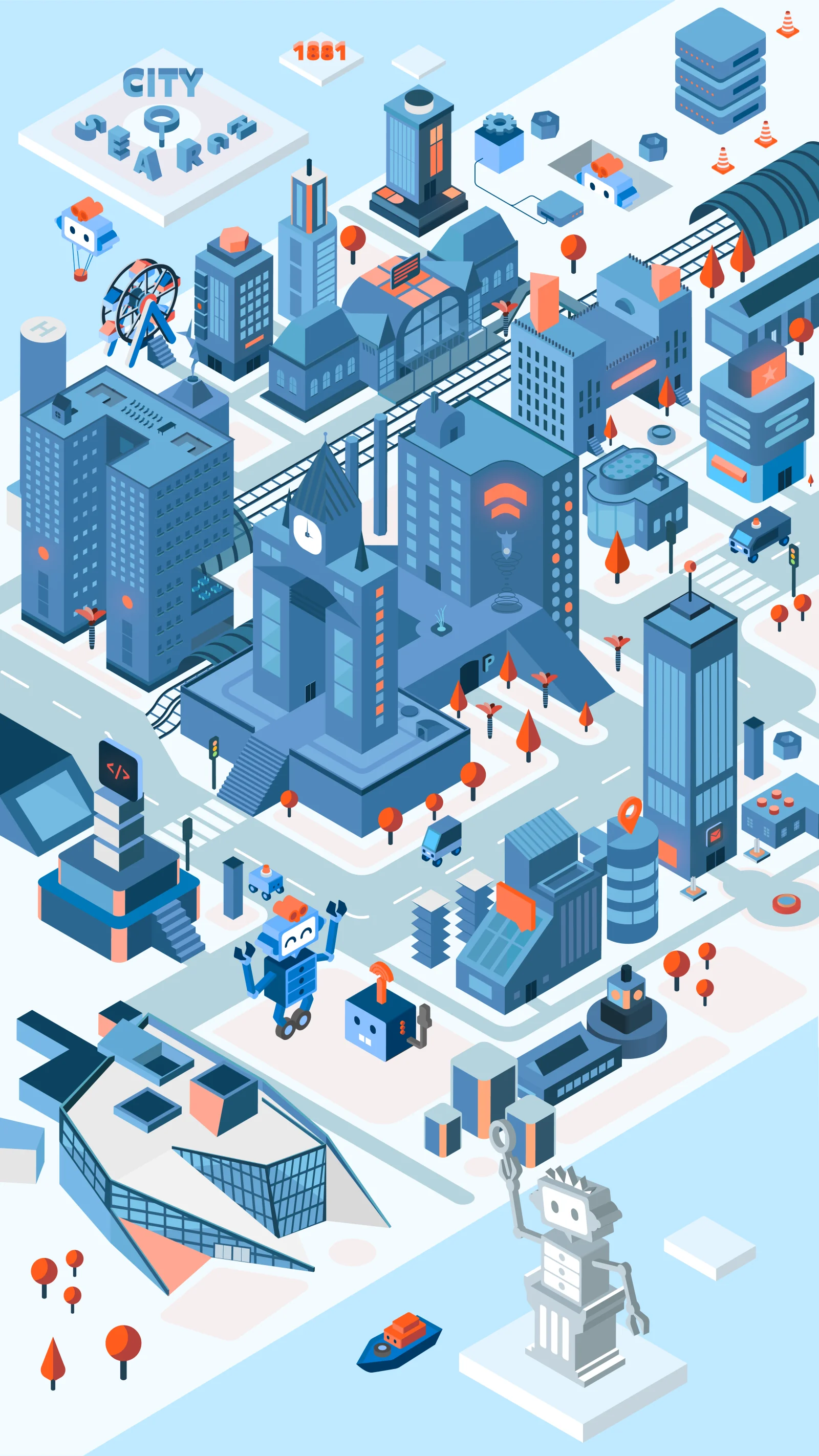 An isometric City Search illustration for 1881 &mdash; a detailed blue-and-orange city of towers, a clock tower, railways, a ferris wheel, vehicles and a harbour, with the search character exploring the streets