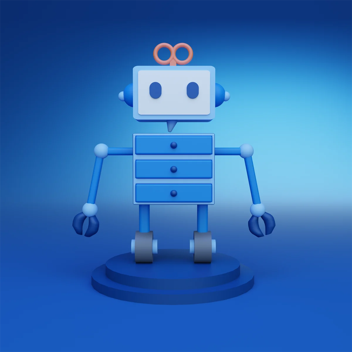 The same character rebuilt as a 3D render, standing on a round plinth against a deep blue background