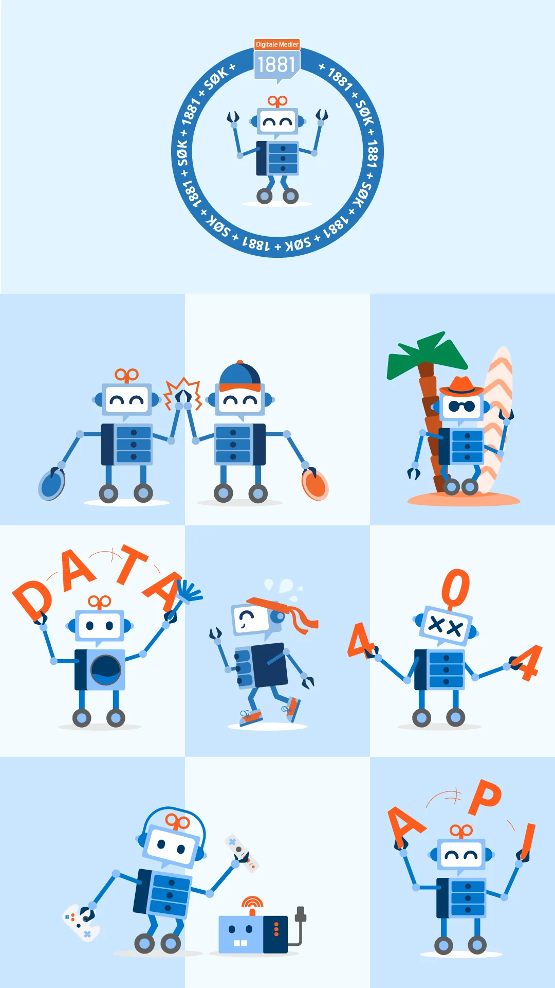A collection sheet of the 1881 search character &mdash; the circular S&Oslash;K badge at the top, with themed variants below: the high-five pair, the summer version by a palm tree, DATA, the running scarf variant, 404, gaming with a receiver companion, and API