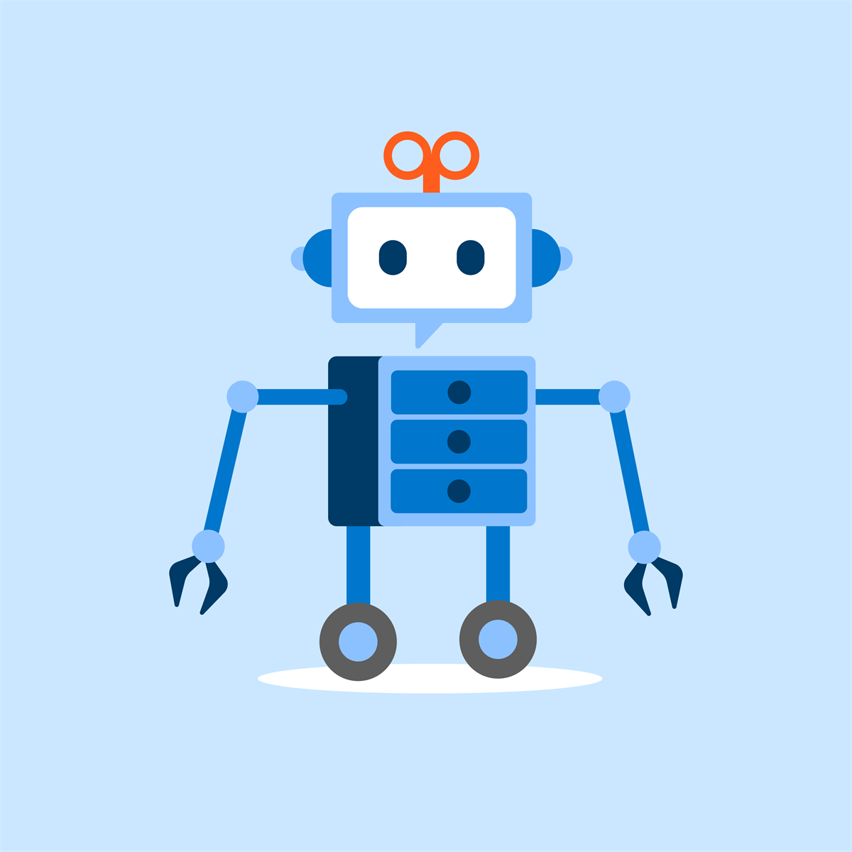 The original 2D S&oslash;ke &mdash; a flat illustration of the character, with a speech-bubble face, orange antenna and wheels