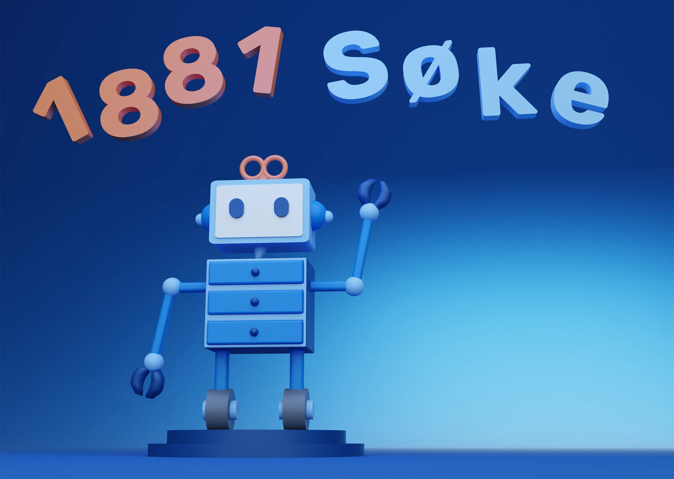 The 1881 S&oslash;ke character rendered in 3D &mdash; a friendly blue robot waving, standing on a plinth beneath the words 1881 S&oslash;ke
