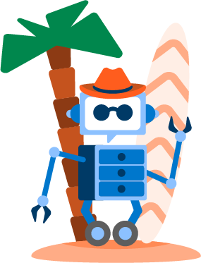 A summer variant of the character with a sun hat and surfboard by a palm tree