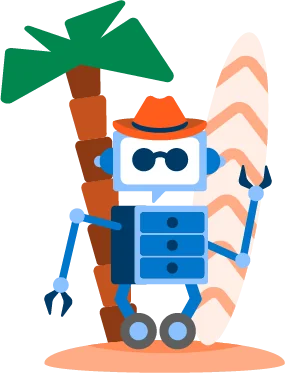A summer variant of the character with a sun hat and surfboard by a palm tree