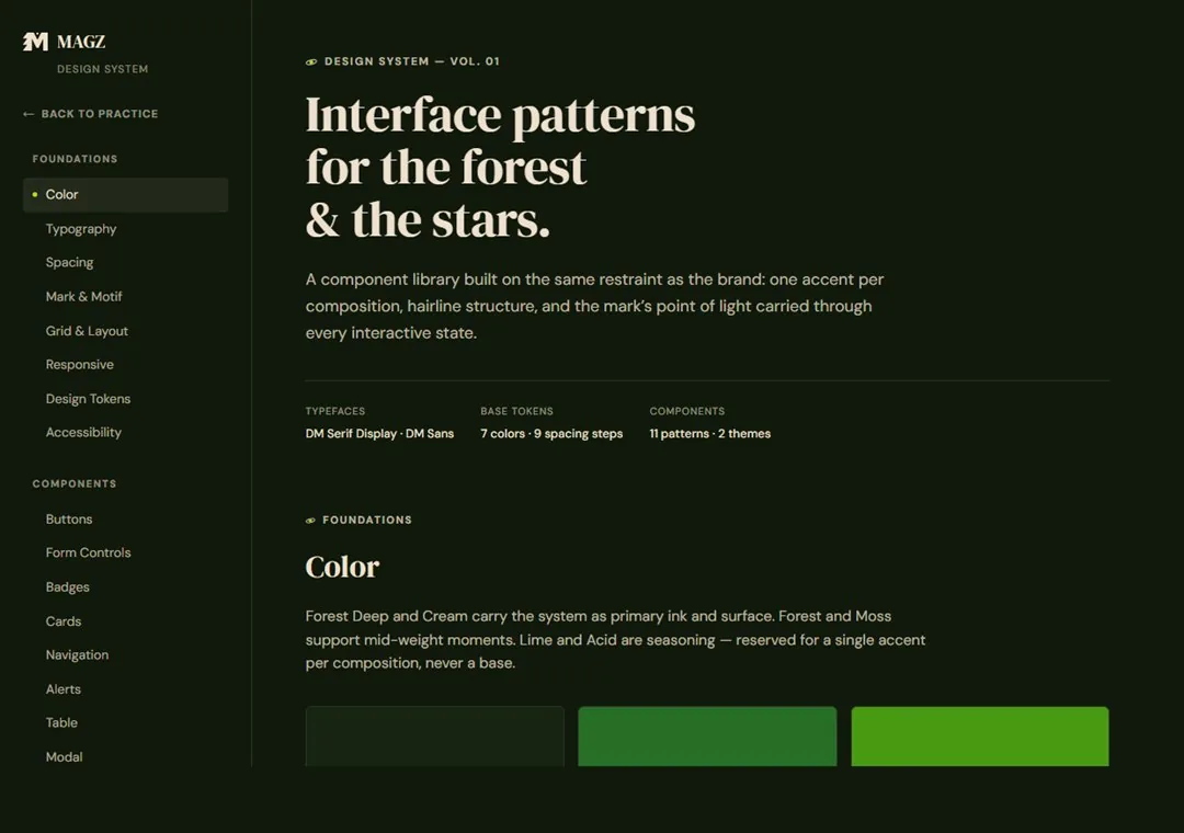 The MAGZ design system — colour swatches, type scale and interface components in light and dark