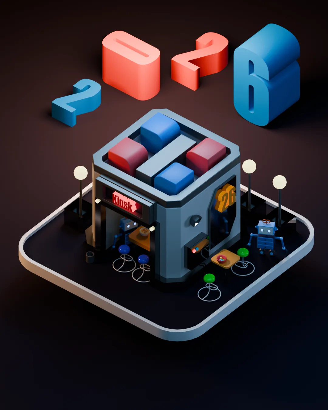 An isometric 3D kiosk on a rounded platform, with 2026 spelled out in large blue and red numbers above it, a Kiosk sign, arcade stools and the 1881 mascot standing beside the counter
