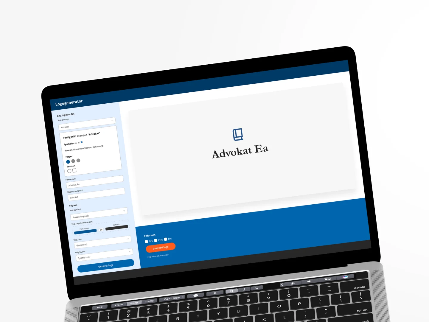 Logogenerator vist på en laptop — verktøyets grensesnitt med den genererte logoen «Advokat Ea» i forhåndsvisning