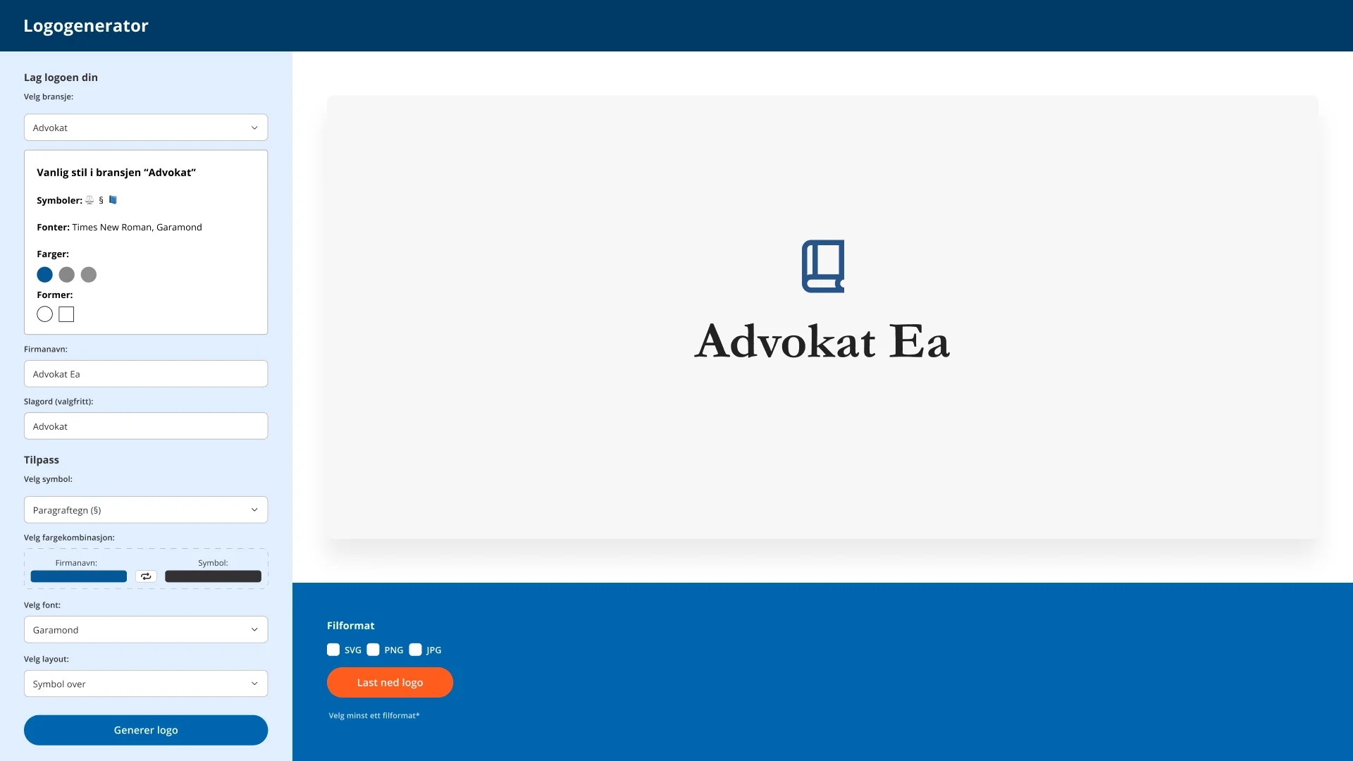 Ferdig grensesnitt for logogeneratoren i desktop-visning &mdash; bl&aring; topplinje, venstre kolonne med bransjevalg, stilkort, felt for firmanavn og slagord og tilpasningsvalg, stor forh&aring;ndsvisning av logoen &laquo;Advokat Ea&raquo; til h&oslash;yre, og en bl&aring; bunnseksjon med filformatvalg og oransje nedlastingsknapp