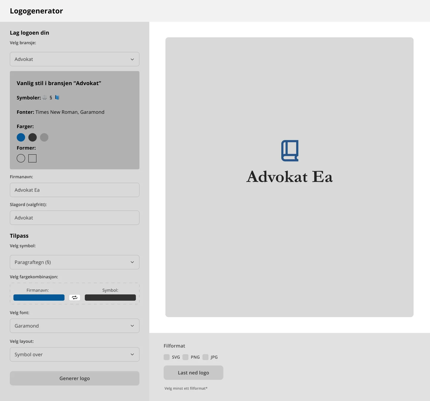 Desktop-wireframe av logogeneratoren &mdash; venstre kolonne med bransjevalg, stilkort for bransjen &laquo;Advokat&raquo;, felt for firmanavn og slagord, og tilpasning av symbol, fargekombinasjon, font og layout; h&oslash;yre side viser forh&aring;ndsvisning av den genererte logoen, med valg av filformat og nedlastingsknapp under