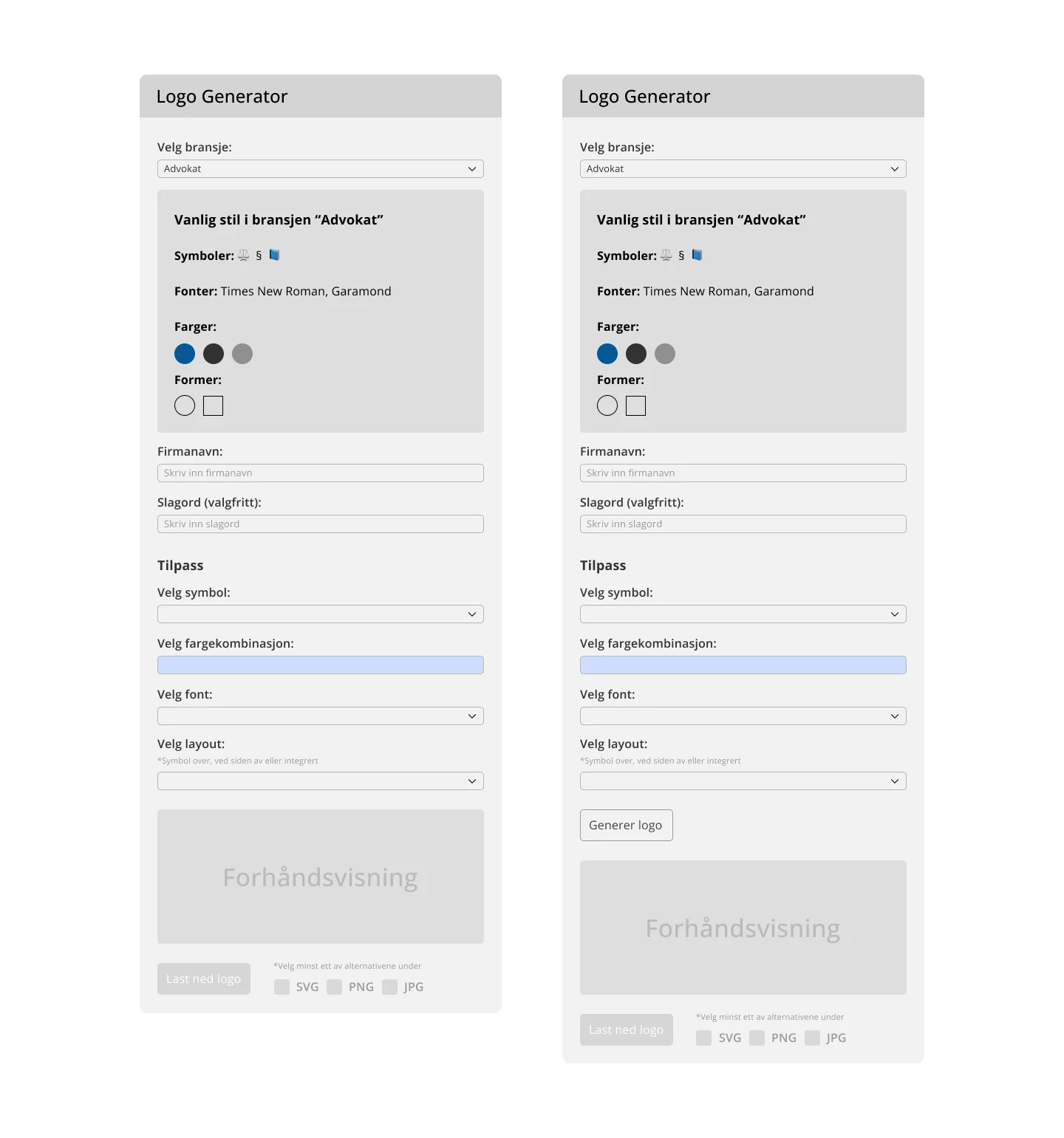 Tidlig wireframe av logogeneratoren &mdash; nedtrekk for bransje, stilkort med symboler, fonter og farger, felt for firmanavn og slagord, tilpasningsvalg og forh&aring;ndsvisning med nedlastingsformater
