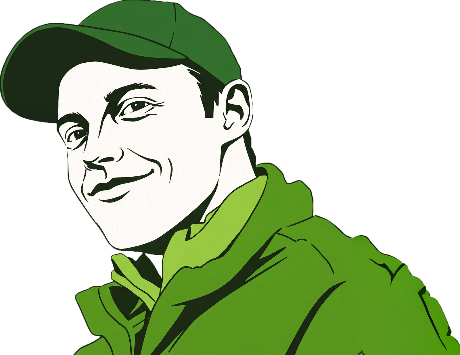 Traced illustration of Magnus in a green cap and green jacket, smiling over his shoulder