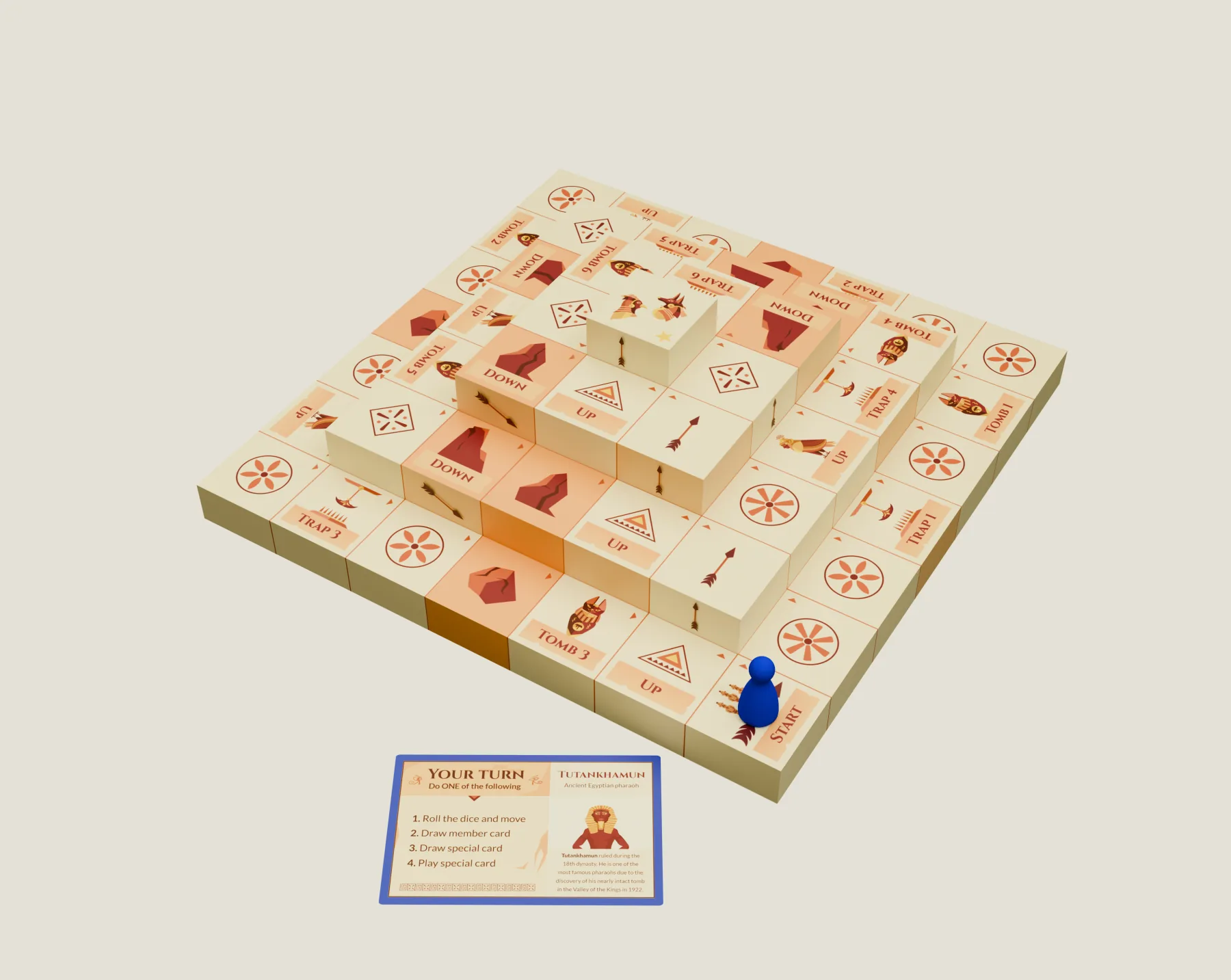 The assembled board with a blue pawn on the Start tile and the matching blue Tutankhamun action card placed in front of it