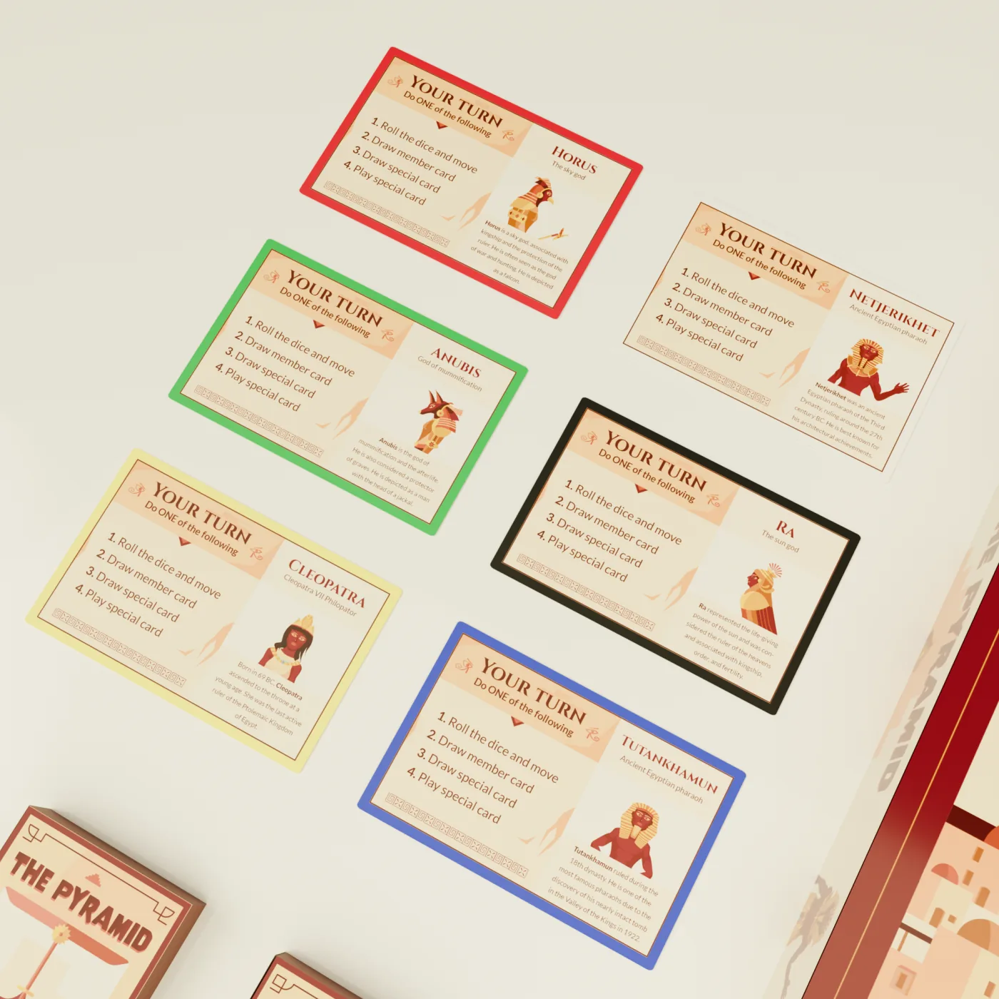 The six action cards laid out beside the game box, each outlined in a player colour &mdash; red, green, yellow, white, black and blue