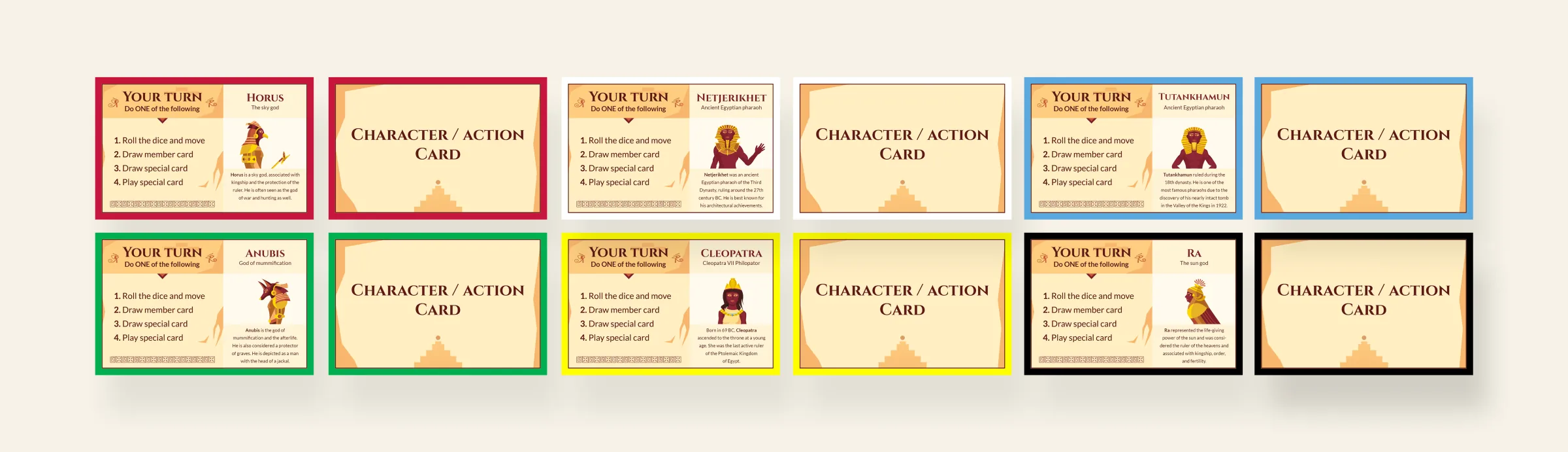 Character and action cards in six player colours &mdash; red, white, blue, green, yellow and black &mdash; each showing a god or pharaoh such as Horus, Netjerikhet, Tutankhamun, Anubis, Cleopatra and Ra, with the turn options listed beside them and the card backs alongside
