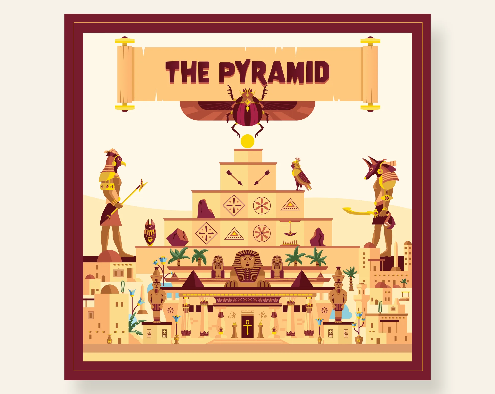 The Pyramid box cover &mdash; the title on a scroll above a winged scarab, a step pyramid flanked by statues of Horus and Anubis, and a sandstone city with a sphinx and temple entrance below