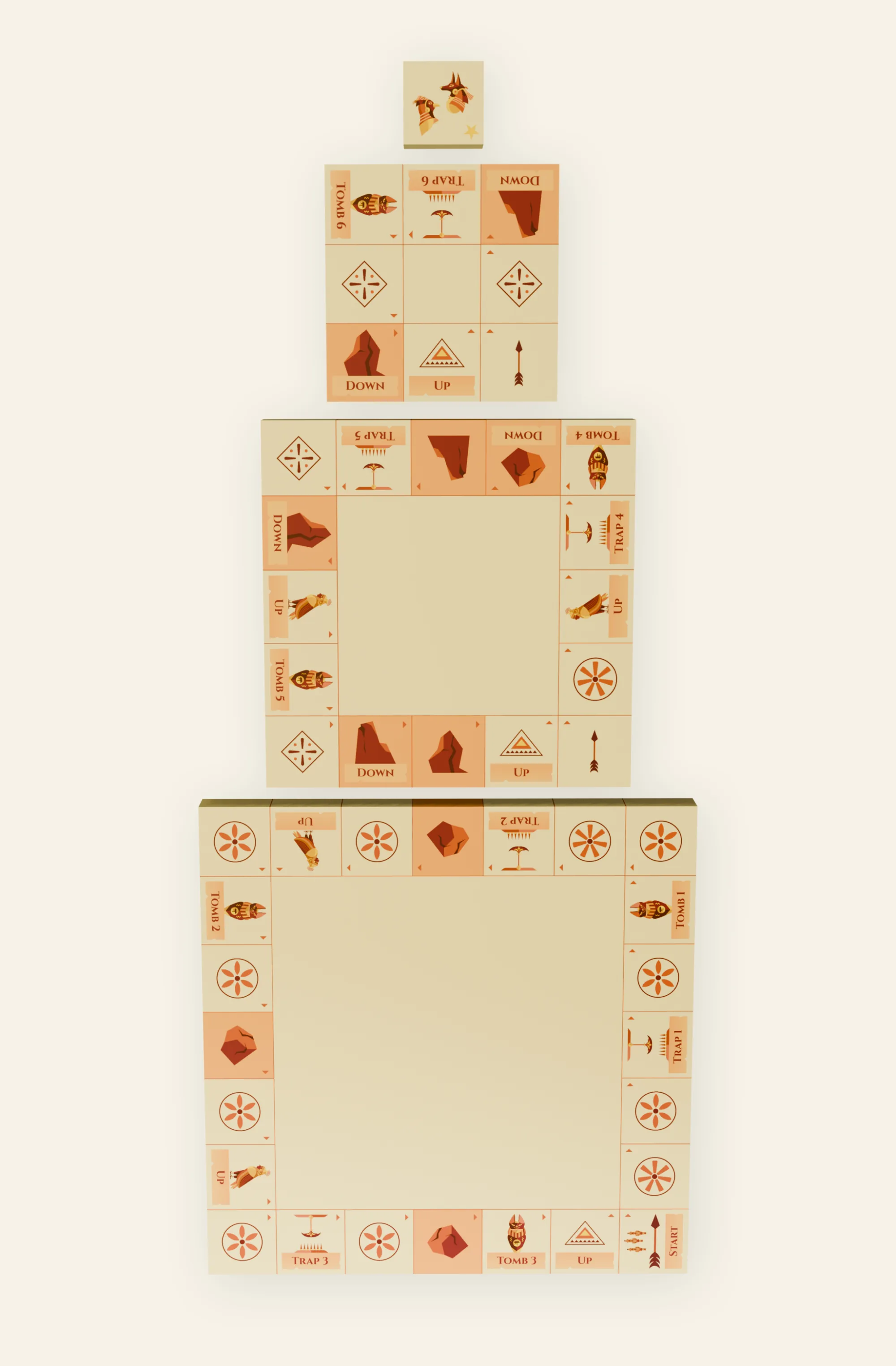 The four levels of the game board shown apart &mdash; a large base ring of tiles marked Start, traps and tombs, two smaller rings above it, and the single summit tile on top