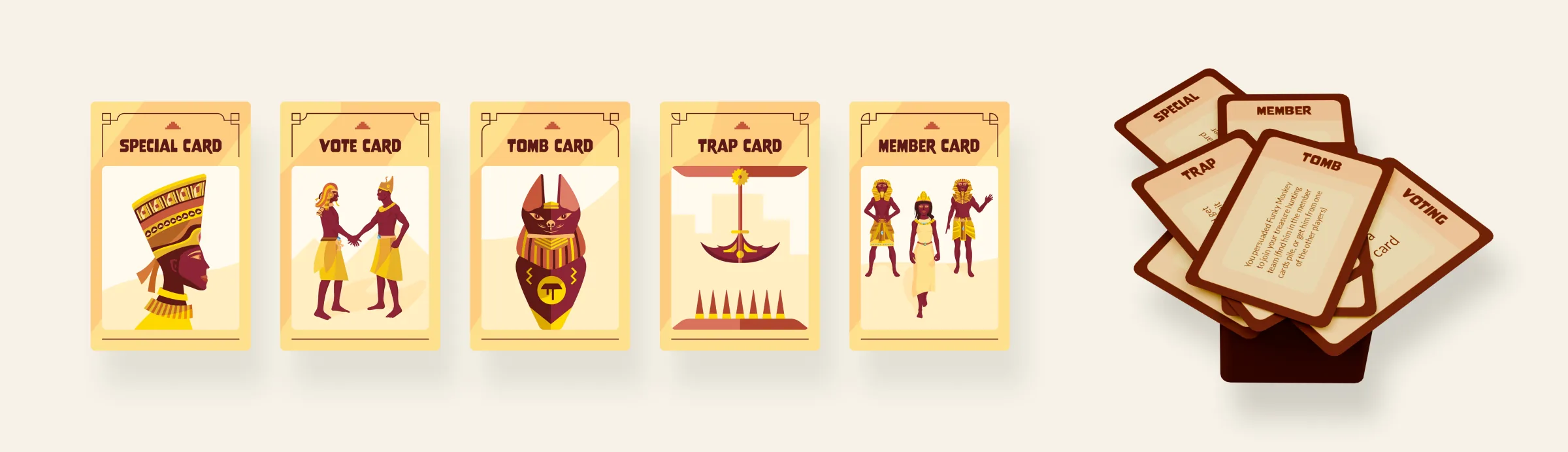 The five card types side by side &mdash; Special Card, Vote Card, Tomb Card, Trap Card and Member Card &mdash; with a fanned stack of cards beside them