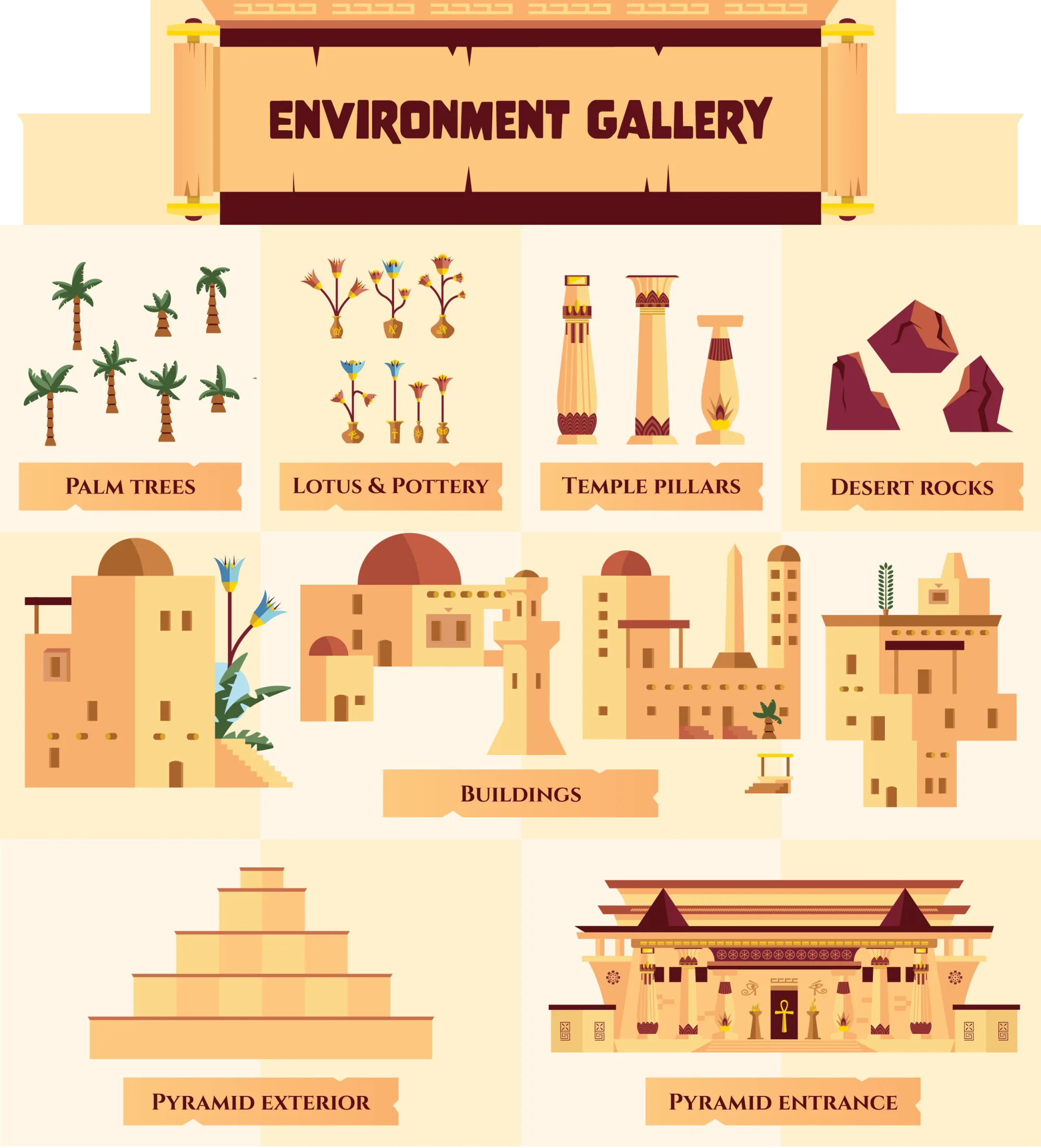 The environment gallery of The Pyramid &mdash; palm trees, lotus flowers and pottery, temple pillars, desert rocks, a set of sandstone buildings, and the pyramid seen from the outside and at its entrance
