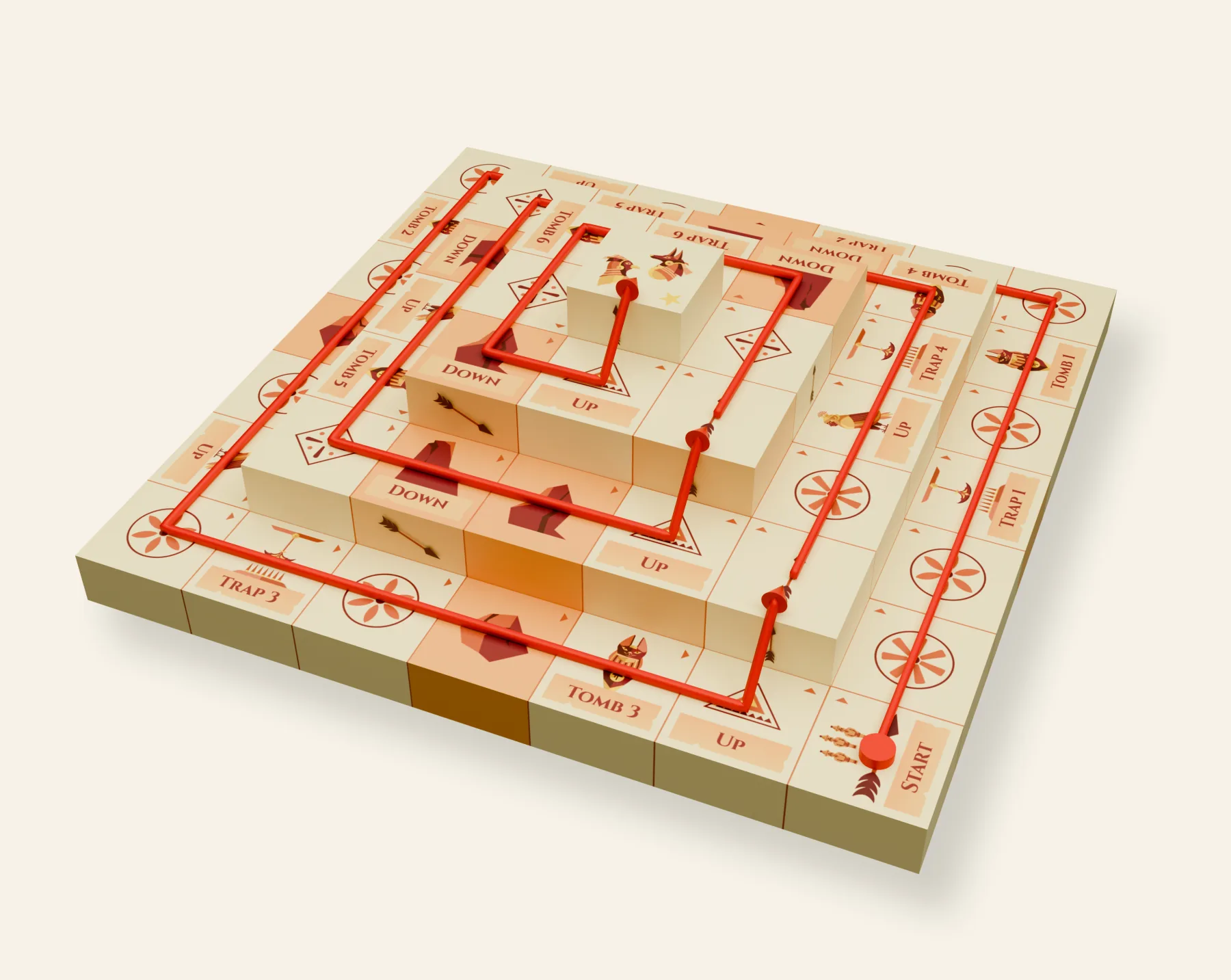 The assembled pyramid board seen at an angle, with a red line tracing the route from Start, around the base ring and up through each level to the summit tile