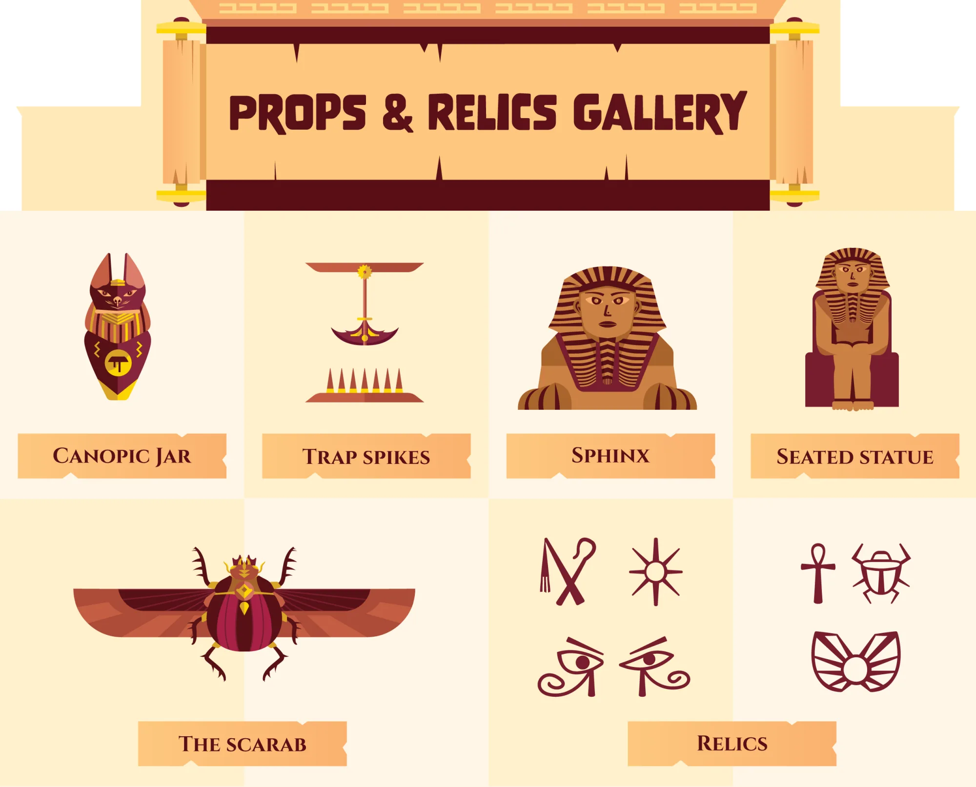 The props and relics gallery of The Pyramid &mdash; a canopic jar, trap spikes, a sphinx, a seated statue, the winged scarab, and a set of relic symbols including the crook and flail, sun, eyes of Horus, ankh, scarab and winged sun disc