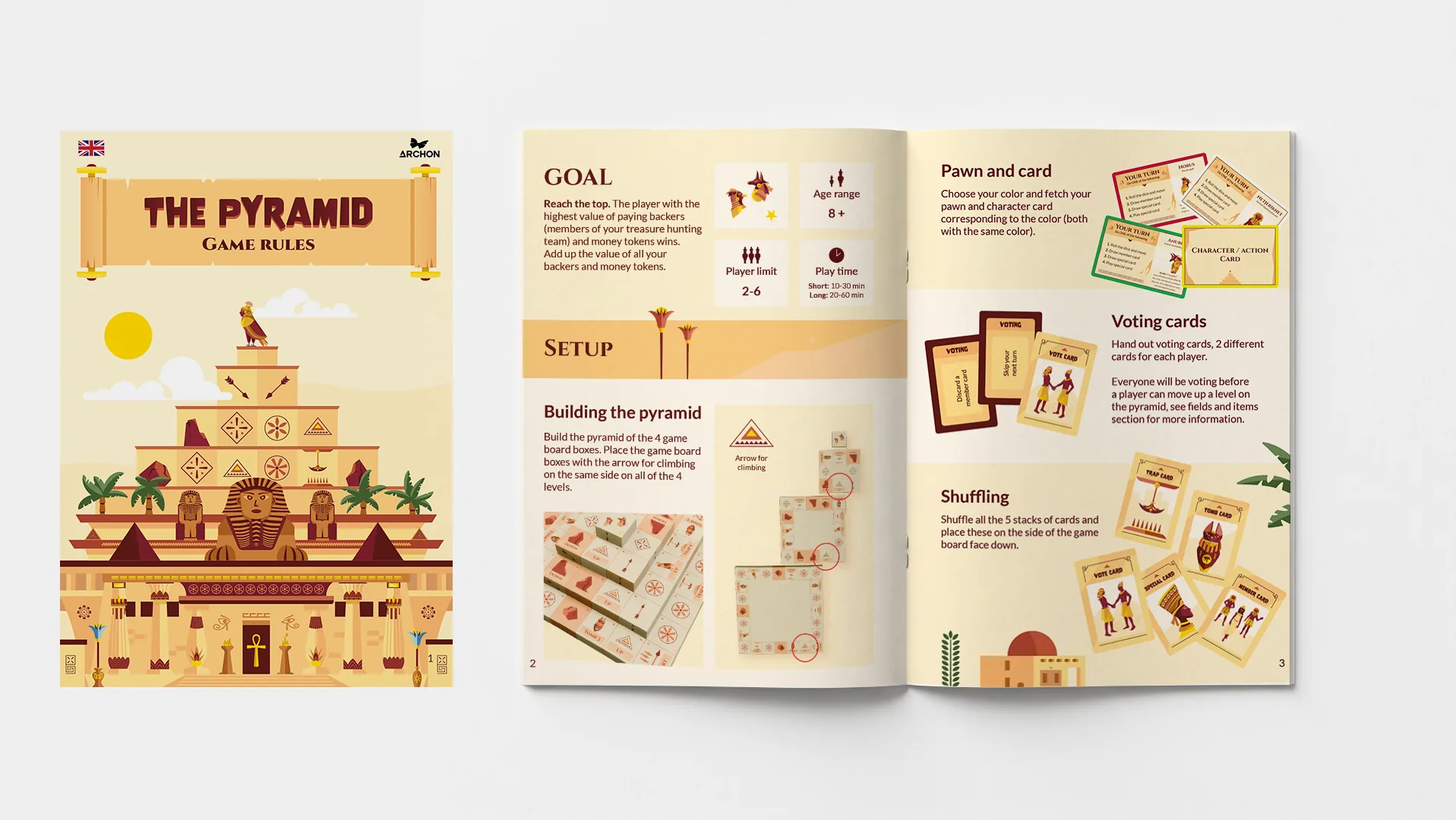 The Pyramid rulebook, pages 2&ndash;3 &mdash; the goal, setup, building the pyramid, pawns and cards, voting cards and shuffling