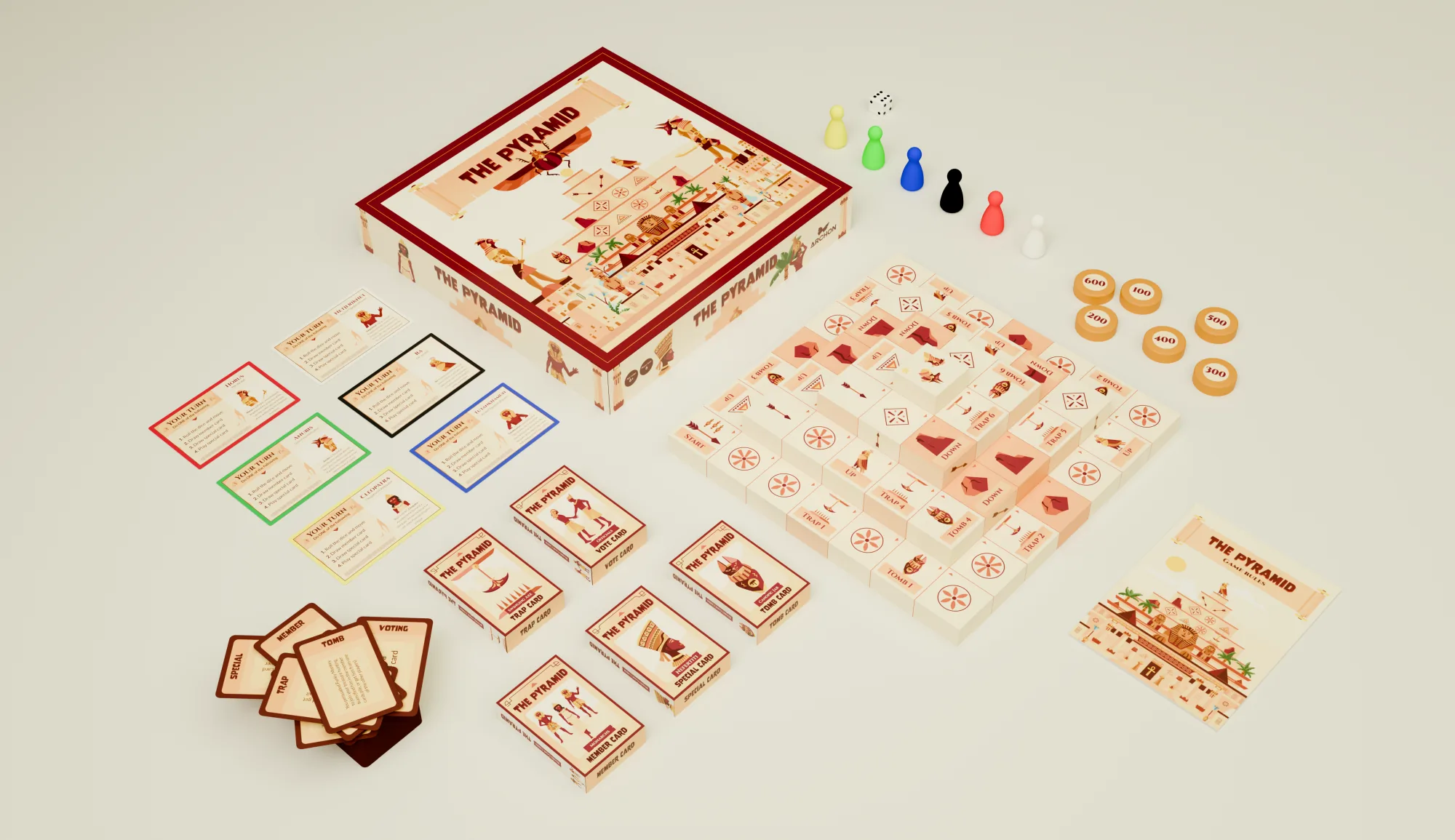 The Pyramid — the complete game laid out: illustrated box, modular tile board, character, trap and tomb card decks, player pieces, dice, coins and the rulebook