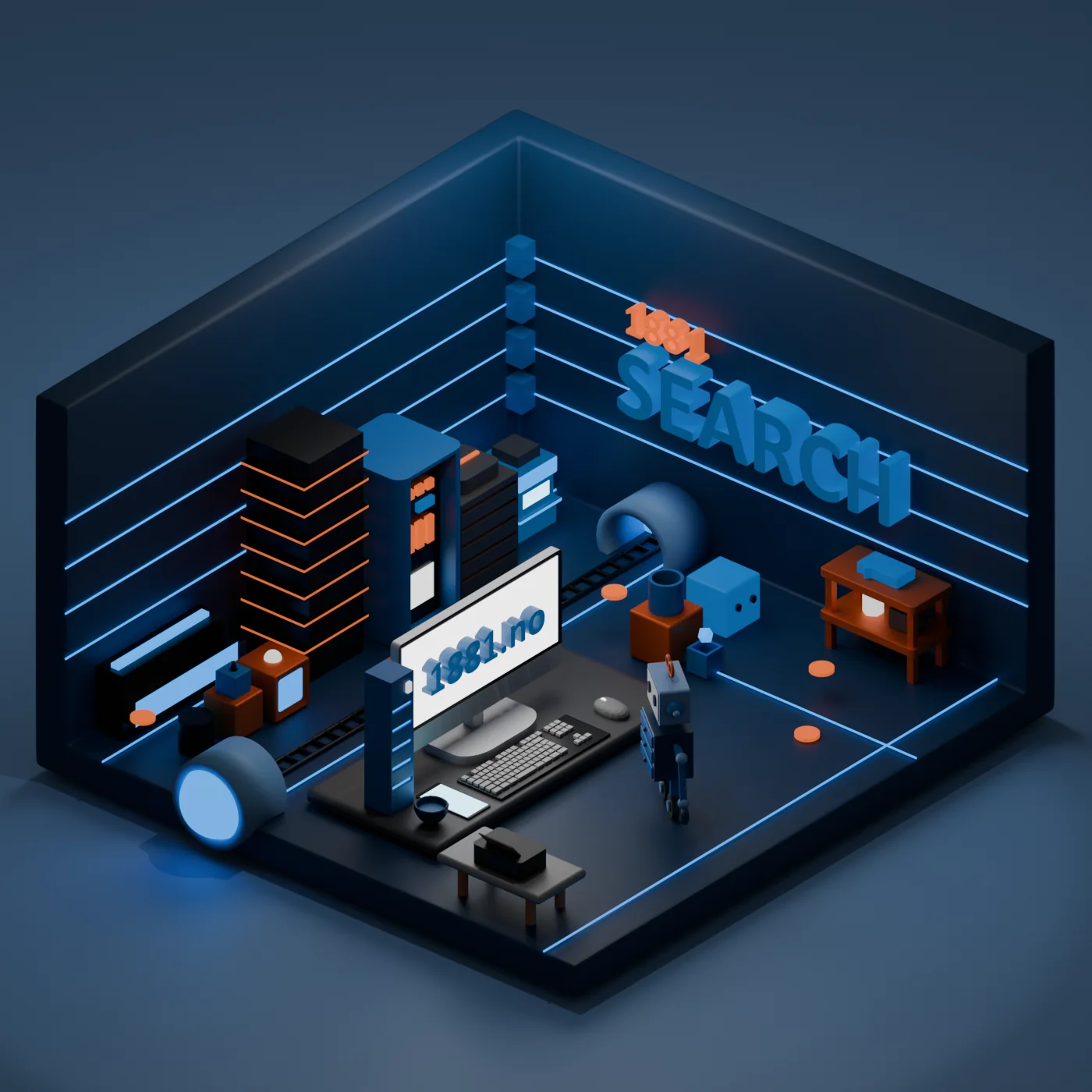 An isometric 3D room in dark blue and orange &mdash; server racks, a desk with a monitor showing 1881.no, and 1881 SEARCH lit up on the back wall
