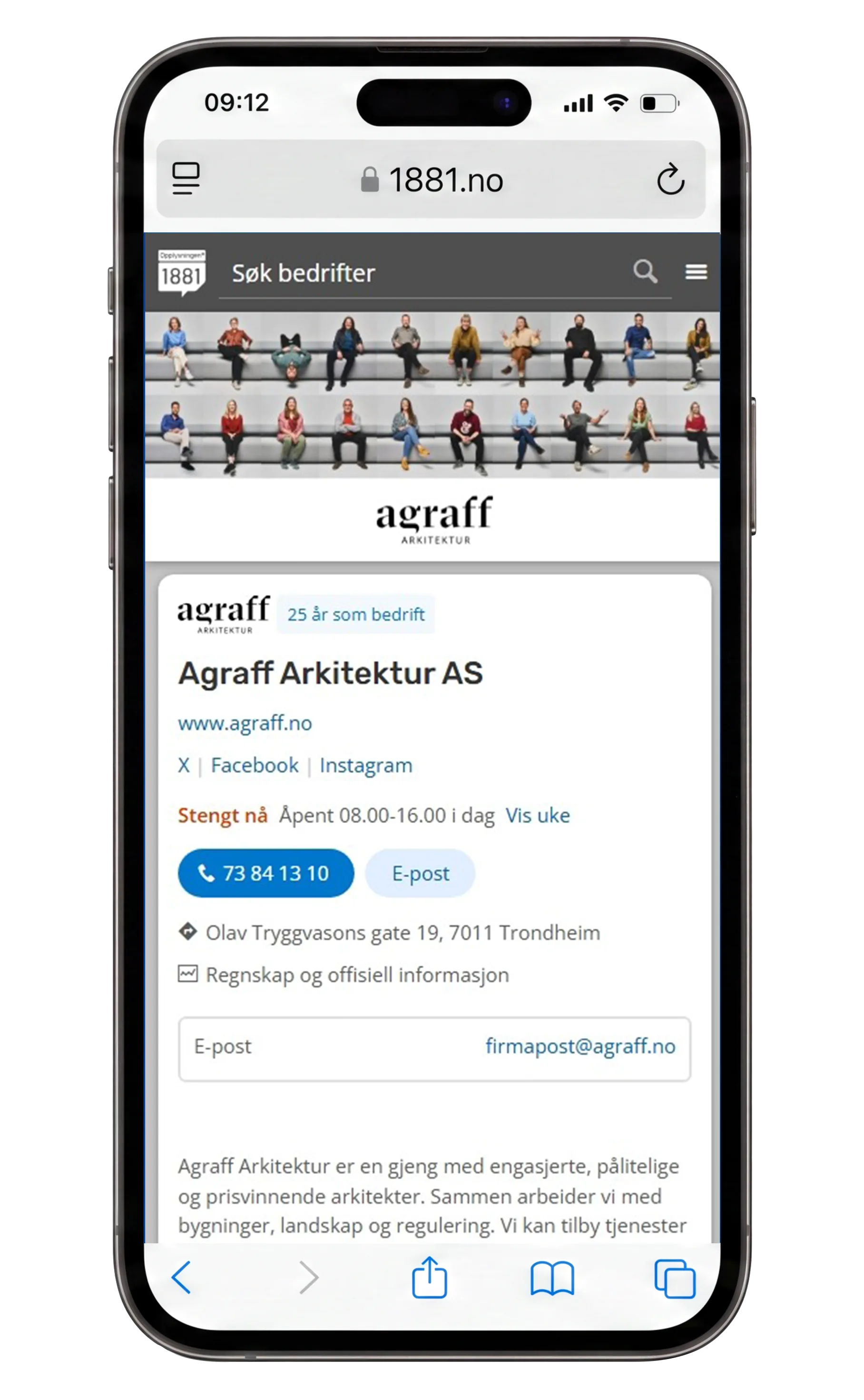 A phone showing an architecture practice storefront &mdash; a grid of staff portraits above a restrained black-and-white wordmark