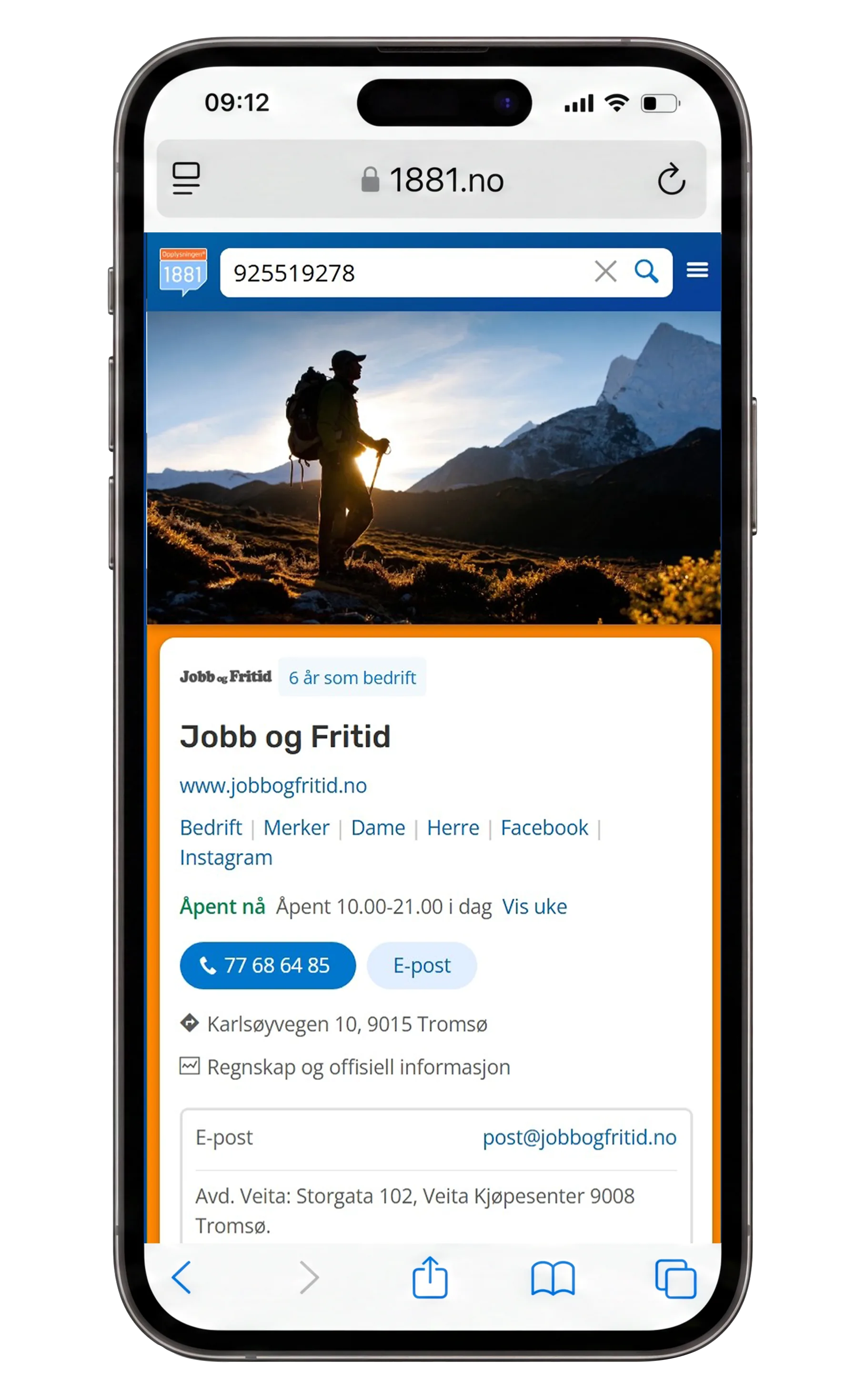 A phone showing an outdoor retailer storefront &mdash; a hiker photographed against a sunlit mountain, with the brand&rsquo;s orange framing the profile
