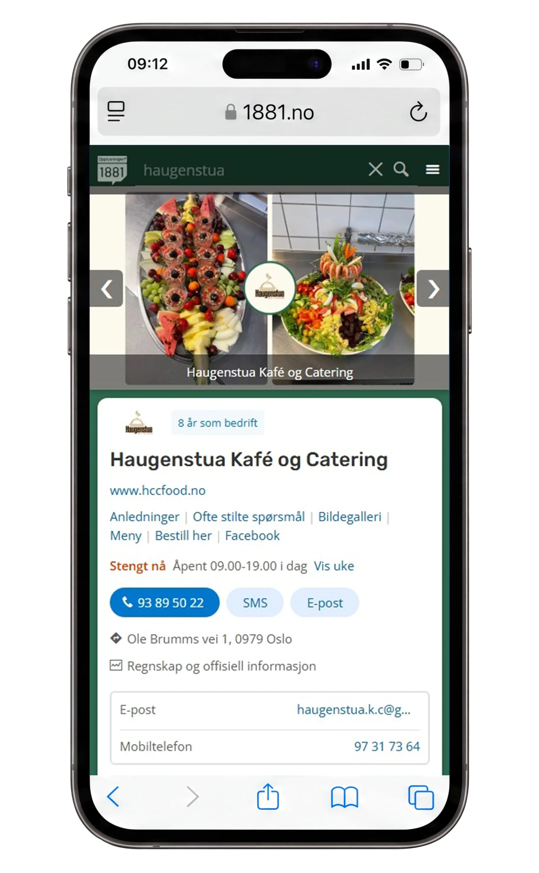 A phone showing a caf&eacute; and catering storefront &mdash; a gallery of food photography above the profile, with the business&rsquo;s deep green carried across the page