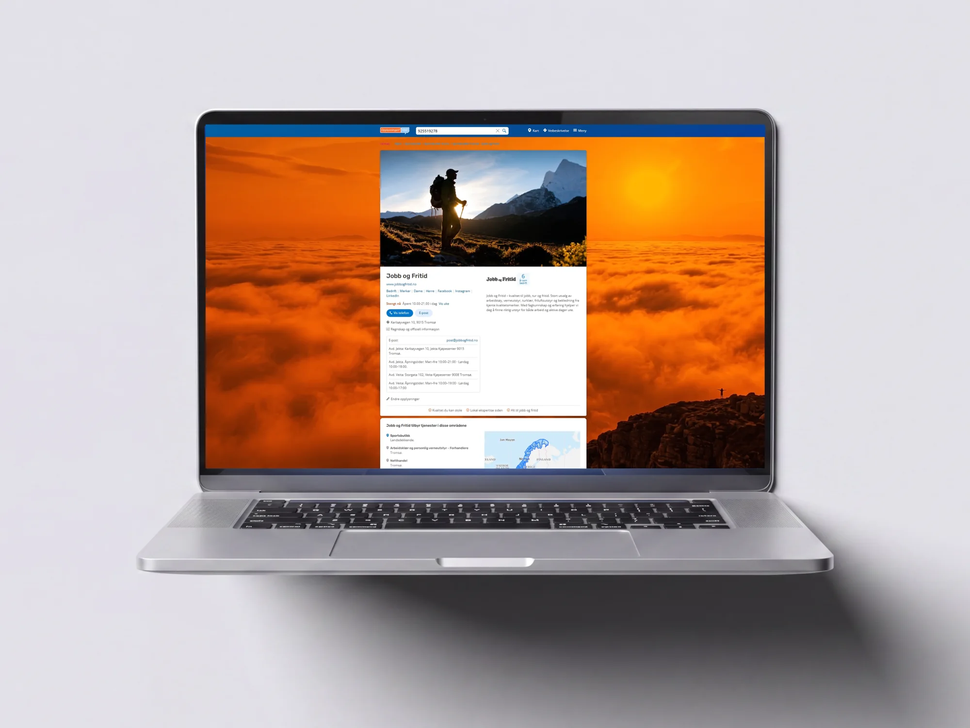 The same profile as a digital storefront &mdash; a full-bleed mountain photograph as the backdrop, the company logo, a description and the brand&rsquo;s orange carried through the page