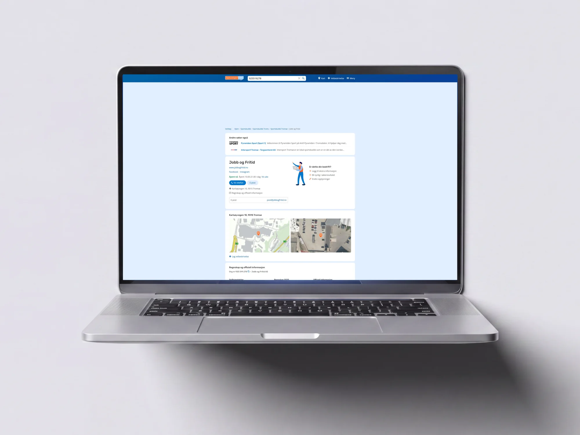 A laptop showing the Jobb og Fritid business profile before the storefront treatment &mdash; a plain white card with the company name, links and opening hours on the default pale blue background