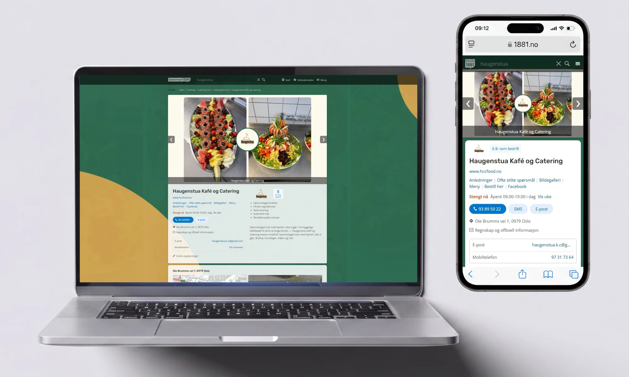 A laptop and a phone side by side, both showing the Haugenstua Kaf&eacute; og Catering storefront &mdash; the same food gallery, logo and deep green identity, re-laid out for each screen