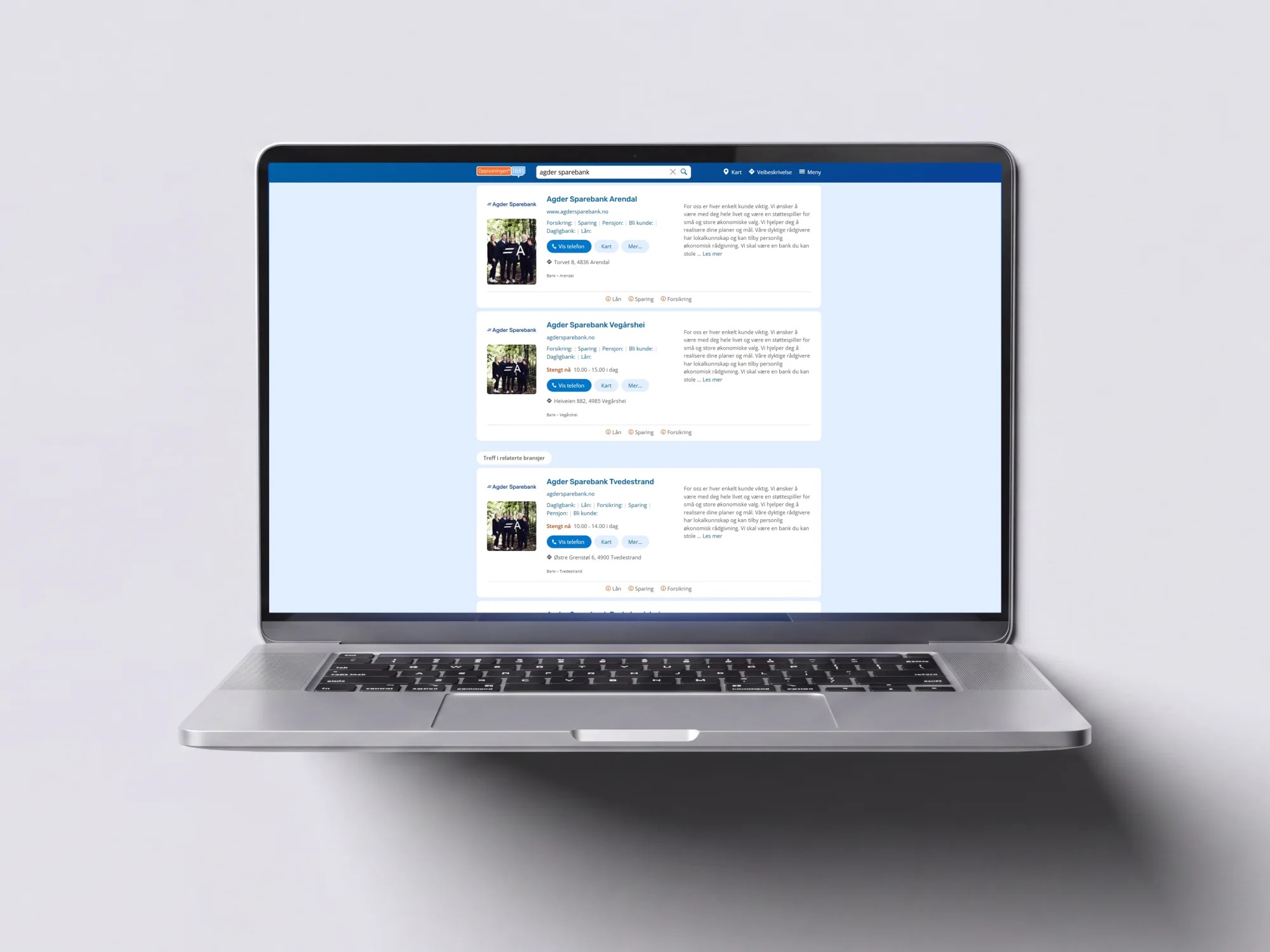 A laptop showing an 1881 search result page for Agder Sparebank &mdash; each branch listed with its logo, a staff photograph, a description and quick actions for phone and map
