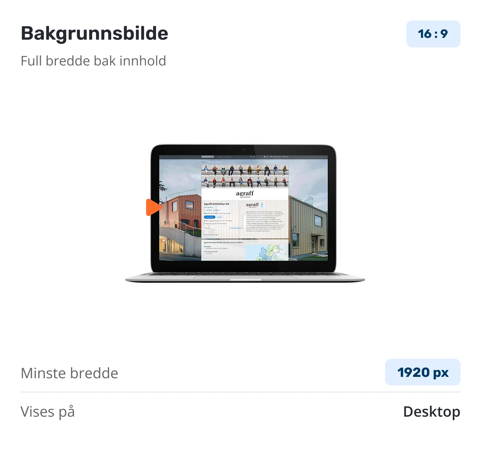 Component card for Bakgrunnsbilde &mdash; a 16:9 full-width image behind the content on desktop, minimum width 1920 pixels