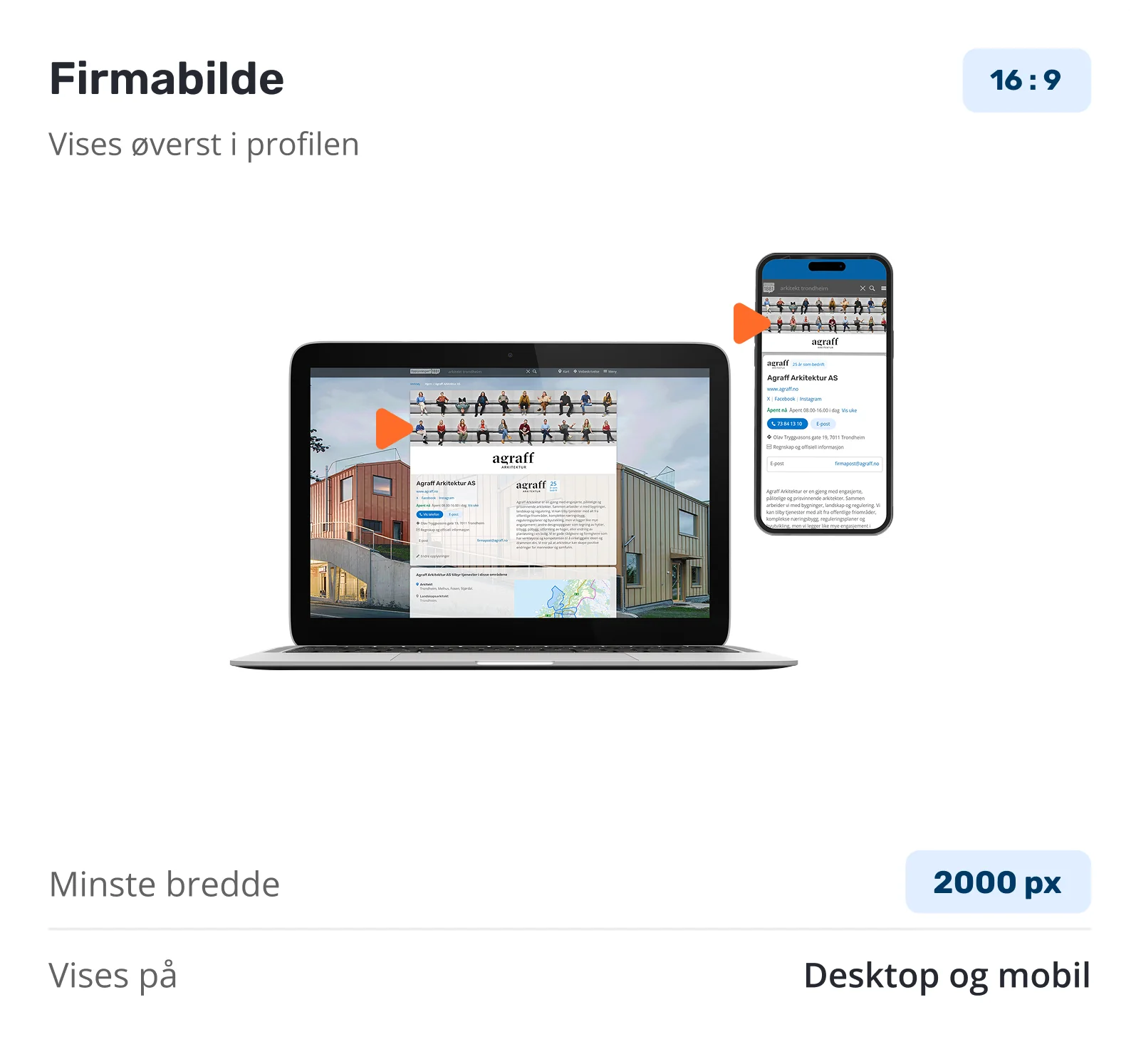Component card for Firmabilde &mdash; a 16:9 company image shown at the top of the profile on desktop and mobile, minimum width 2000 pixels