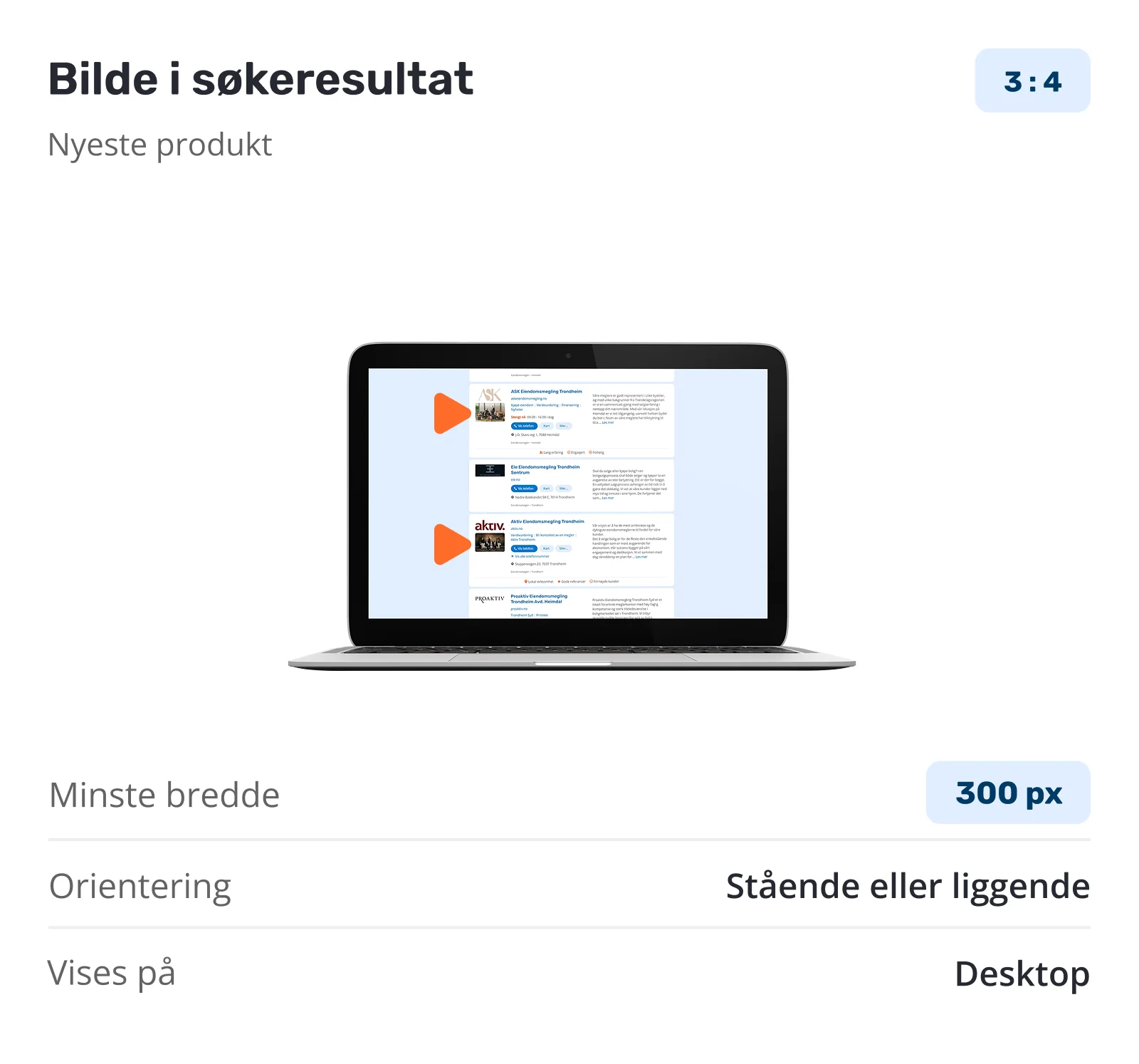 Component card for Bilde i s&oslash;keresultat &mdash; a 3:4 image beside the listing in search results, portrait or landscape, minimum width 300 pixels